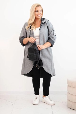 Płaszcz damski Plus Size szary zamszowy oversize rozpinany z kapturem