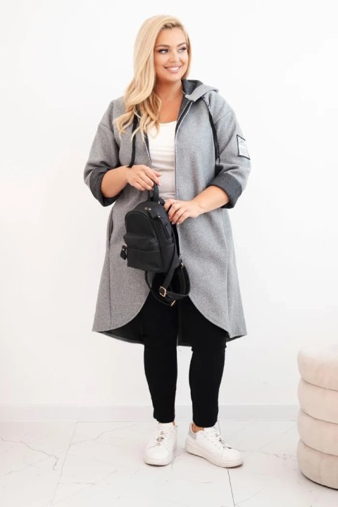 Szary płaszcz damski plus size rozpinany na zamek z naszywkami