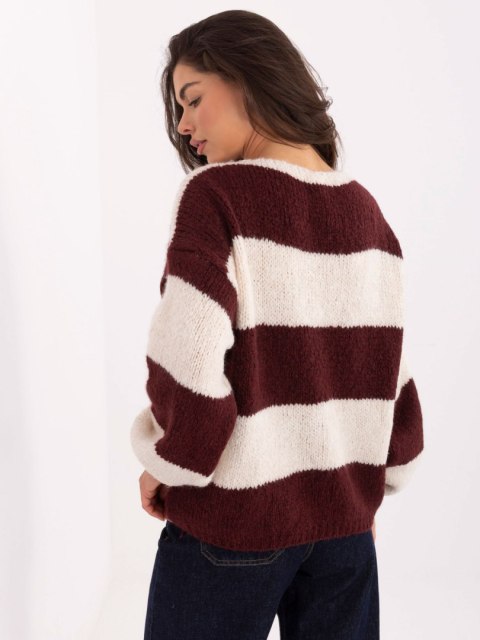 Modny sweter damski RUE PARIS ecru-burgundowy w paski