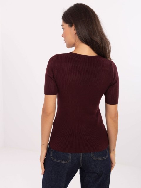 Dopasowany sweter damski prążkowany burgundowy casual