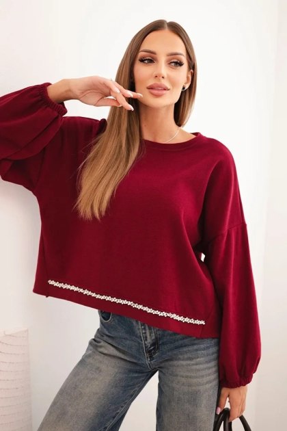 Bluza damska z ozdobnym wykończeniem i luźnym fasonem – bordowa
