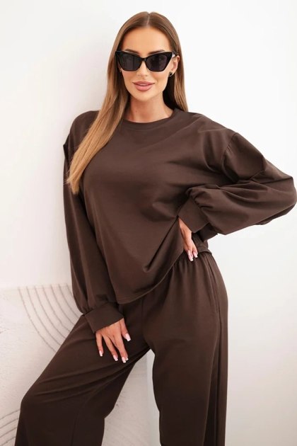 Komplet Damski Bawełniany Bluza Oversize i Spodnie z Szeroką Nogawką – Brązowy