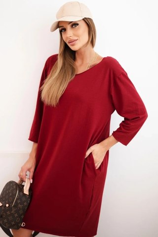 Sukienka damska Plus Size bordowa z bawełną, prosty krój, rękaw 3/4