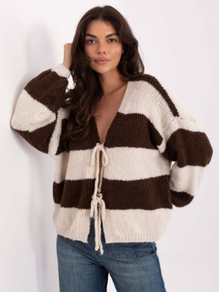 Ecru-brązowy sweter oversize w paski z wiązaniem – RUE PARIS