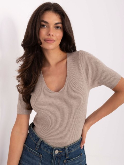 Stylowy sweter damski w kolorze fango z dekoltem V