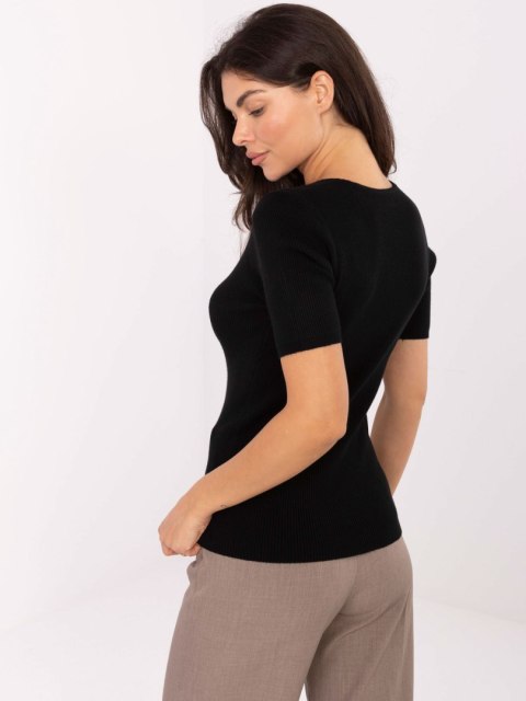 Sweter damski czarny krótki rękaw prążkowany materiał