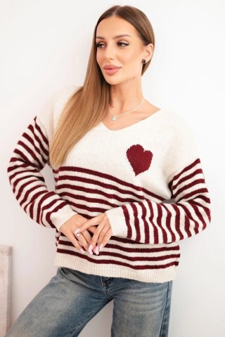 Sweter damski w paski z sercem i dekoltem V z moherem – bordowy