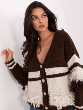 Brązowo-Jasnobeżowy Sweter Rozpinany z Guzikami i Frędzlami – ITALY MODA
