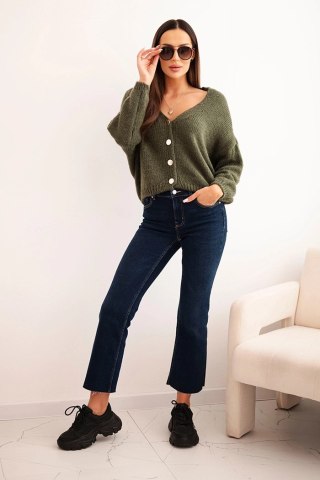 Sweter damski z dekoltem V i guzikami khaki