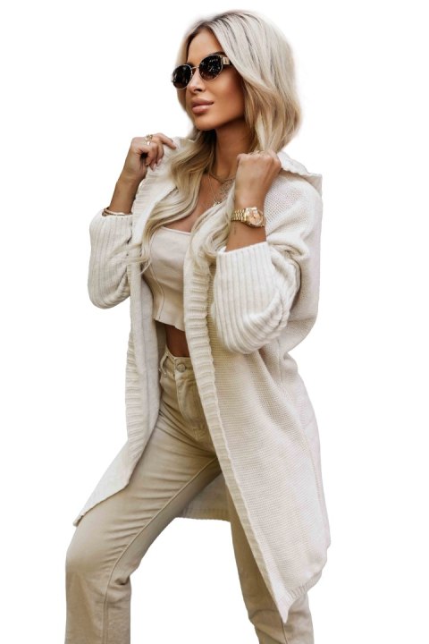 629-1 Wygodny kardigan oversize z kapturem i stylową naszywką - beżowy - UNI