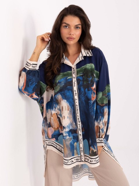 Długa koszula damska RUE PARIS granatowa z nadrukiem