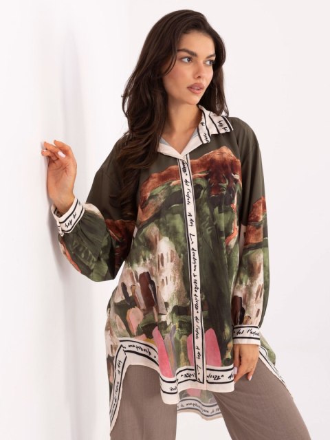 Khaki koszula damska oversize RUE PARIS z nadrukiem – Stylowy Wieszak