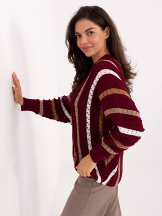Sweter damski bordowy oversize ażurowy w paski z okrągłym dekoltem – JELISJELIS