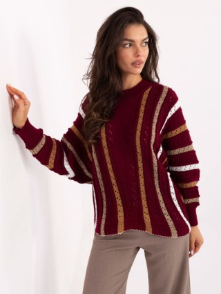 Sweter damski bordowy oversize ażurowy w paski z okrągłym dekoltem – JELISJELIS