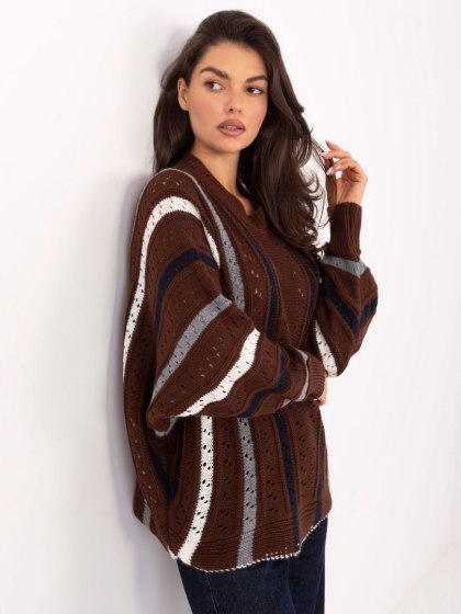 Sweter damski brązowy oversize ażurowy w paski – JELISJELIS