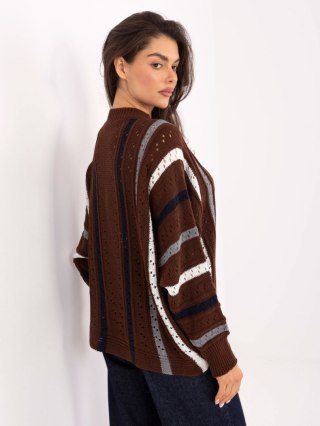 Sweter damski brązowy oversize ażurowy w paski – JELISJELIS