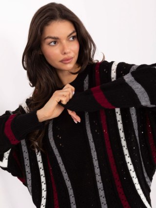 Sweter damski czarny oversize nietoperz ażurowy w paski – JELISJELIS
