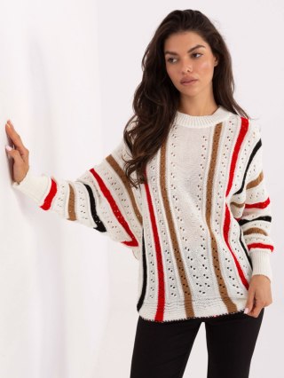 Sweter damski oversize ecru w paski ażurowy – JELISJELIS