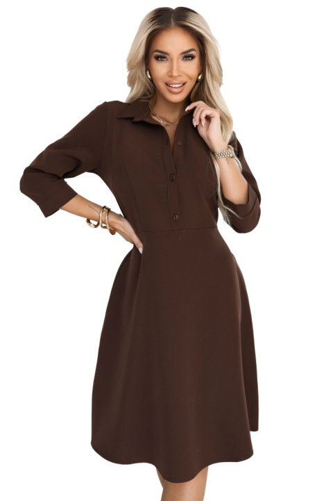 286-9 SANDY Koszulowa rozkloszowana sukienka z paskiem - czekoladowa - XL