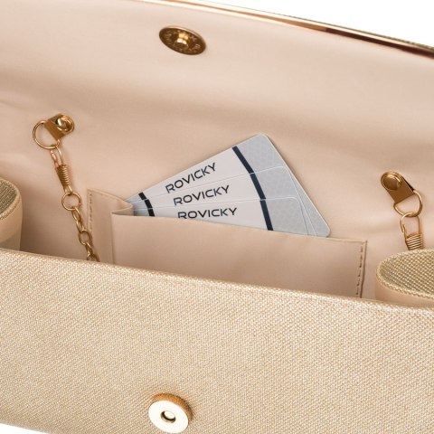 Wizytowa, złota torebka damska wykonana z tkaniny syntetycznej zamykana klipsem magnetycznym - Rovicky