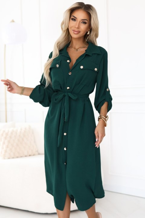 531-7 Szmizjerka midi ze złotymi guzikami i wiązaniem - zielona - UNI