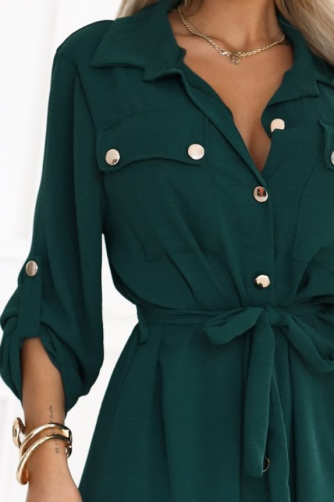 531-7 Szmizjerka midi ze złotymi guzikami i wiązaniem - zielona - UNI