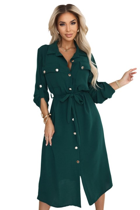 531-7 Szmizjerka midi ze złotymi guzikami i wiązaniem - zielona - UNI