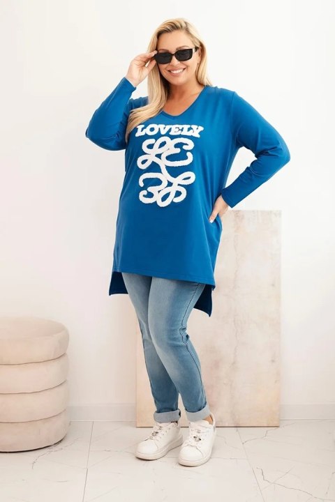 Bluzka damska Plus Size LOVELY chabrowa – bawełniana z dekoltem V i aplikacją 3D