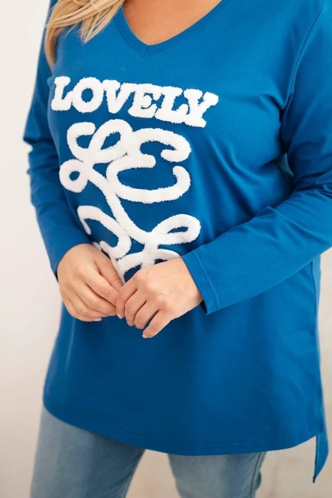 Bluzka damska Plus Size LOVELY chabrowa – bawełniana z dekoltem V i aplikacją 3D