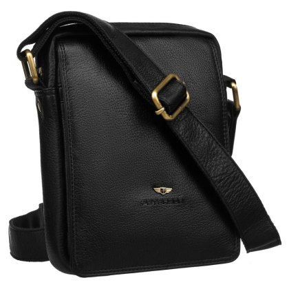 Czarna listonoszka męska ze skóry naturalnej ze złotymi okuciami - Peterson