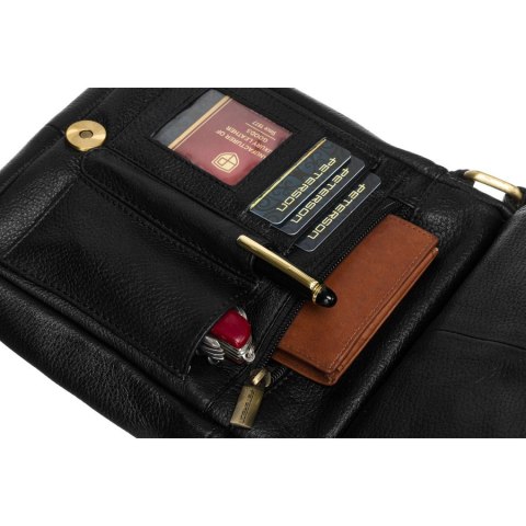 Czarna listonoszka męska ze skóry naturalnej ze złotymi okuciami - Peterson