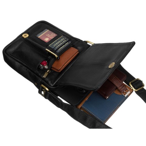 Czarna listonoszka męska ze skóry naturalnej ze złotymi okuciami - Peterson