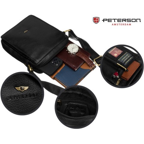 Czarna listonoszka męska ze skóry naturalnej ze złotymi okuciami - Peterson