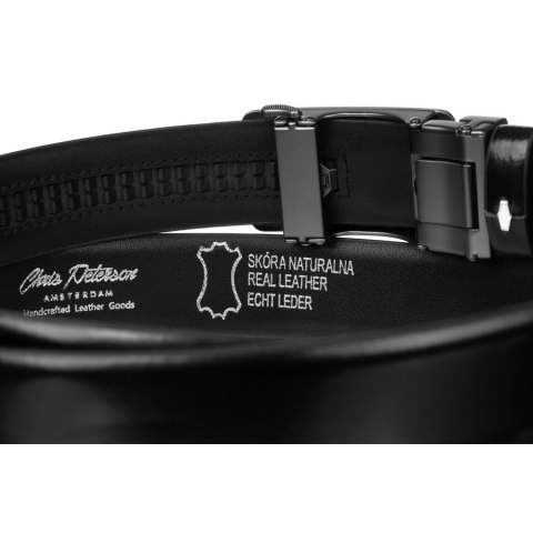 Czarny pasek męski ze skóry naturalnej z automatyczną, czarną klamrą - Peterson Czarny pasek męski ze skóry naturalnej z automatyczną, czarną klamrą - Peterson