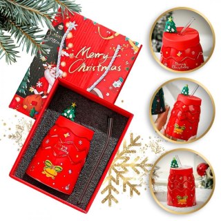 Kubek świąteczny 400 ml czerwony z pokrywką i rurką KB06CZE