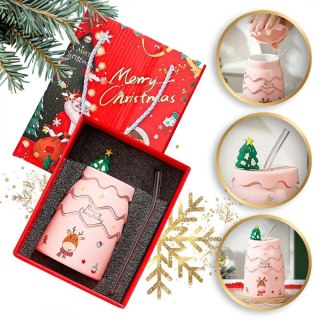 Kubek świąteczny 400 ml różowy z pokrywką i rurką KB06R