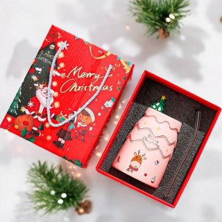 Kubek świąteczny 400 ml różowy z pokrywką i rurką KB06R