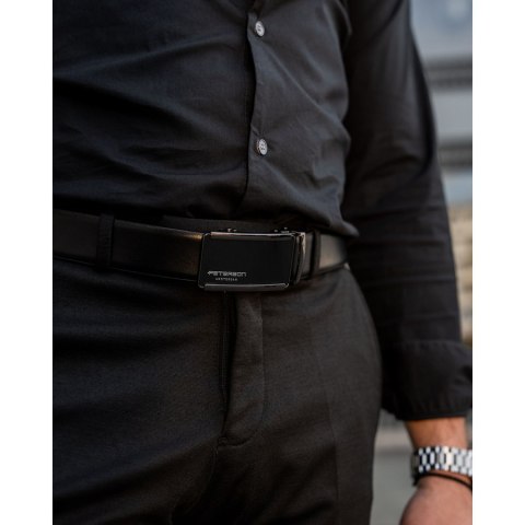 Klasyczny pasek męski w czarnym kolorze z automatyczną, srebrną klamrą - Peterson Klasyczny pasek męski w czarnym kolorze z automatyczną, srebrną klamrą - Peterson