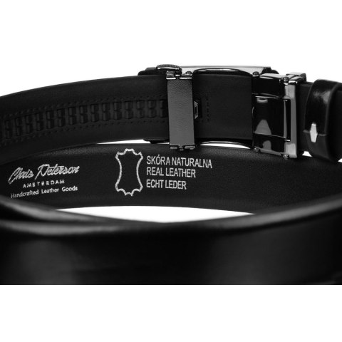 Klasyczny pasek męski w czarnym kolorze z automatyczną, srebrną klamrą - Peterson Klasyczny pasek męski w czarnym kolorze z automatyczną, srebrną klamrą - Peterson