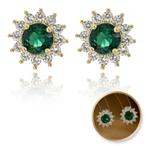 Eleganckie kolczyki damskie złote z zielonym kamieniem w oprawie cyrkonii