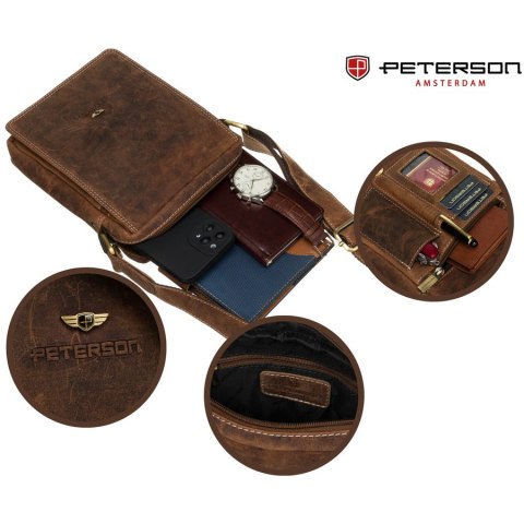 Poręczna listonoszka męska ze skóry naturalnej w brązowym kolorze ze złotymi okuciami - Peterson