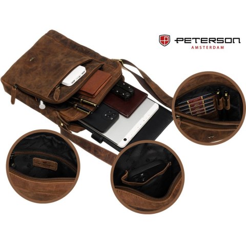 Skórzana listonoszka męska w brązowym kolorze zawieszona na regulowanym pasku - Peterson