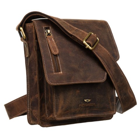 Skórzana listonoszka męska w brązowym kolorze ze złotymi okuciami - Peterson