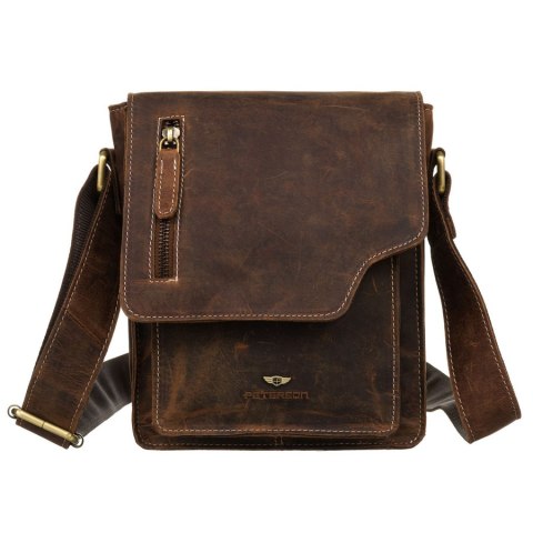 Skórzana listonoszka męska w brązowym kolorze ze złotymi okuciami - Peterson