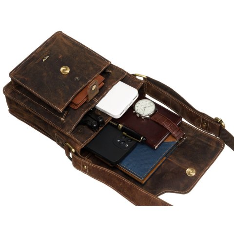 Skórzana listonoszka męska w brązowym kolorze ze złotymi okuciami - Peterson