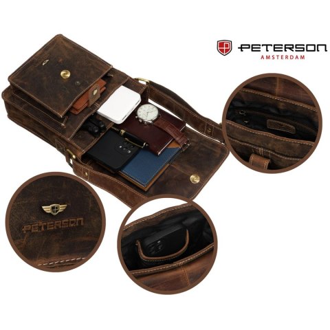 Skórzana listonoszka męska w brązowym kolorze ze złotymi okuciami - Peterson