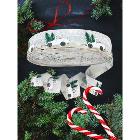 Beżowa taśma świąteczna z białymi samochodzikami i choinkami