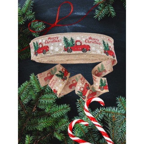 Beżowa taśma świąteczna z czerwonymi samochodami i choinkami