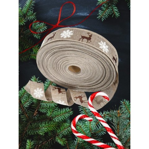 Beżowa taśma świąteczna z reniferami i śnieżynkami dekoracyjna