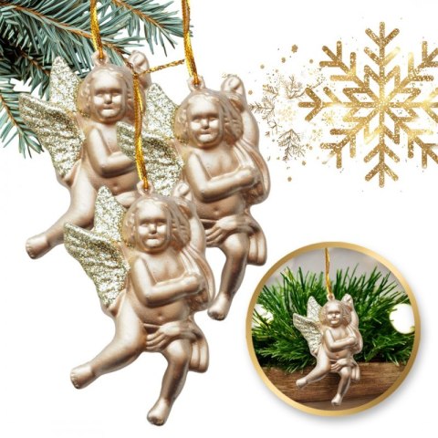 Komplet 3 złotych aniołków ozdób choinkowych w opakowaniu